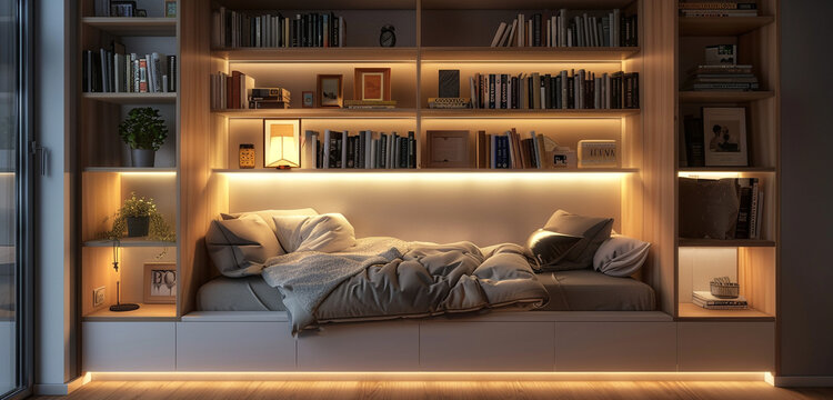 Scandinavian loft bedroom with a cozy alcove bed, surrounded by built-in bookshelves and soft, ambient lighting.