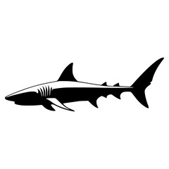 Vector illustration of a silhouette of a predatory shark on a white backdrop