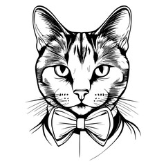 Black and white vector illustration of a fun and stylish feline wearing a bow tie