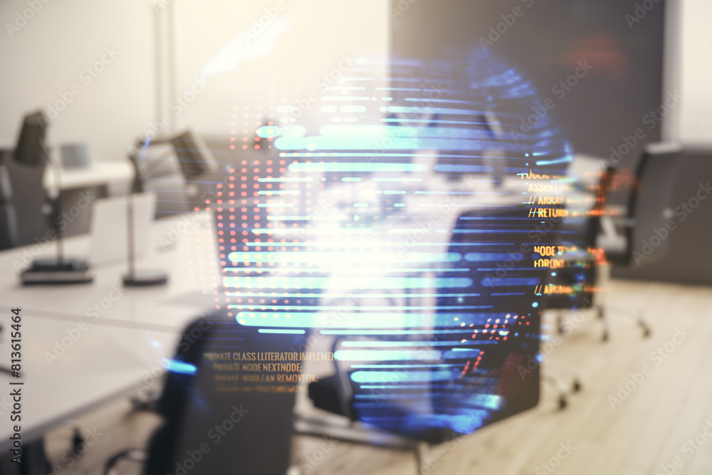 Poster abstract virtual coding concept and world map hologram on a modern furnished office background. mult