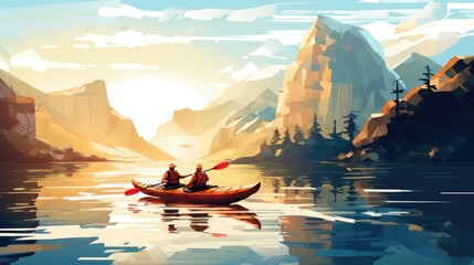 Kayaking expedition photo realistic illustration - Generative AI. People, kayaking, cliff, river.