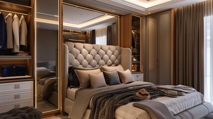 A bedroom with a sophisticated, built-in wardrobe, a plush headboard, and a designer floor mirror