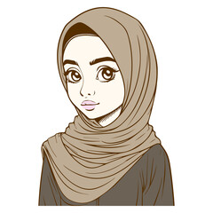 Hijab Cute Girl Illustration Handdrawn Outline