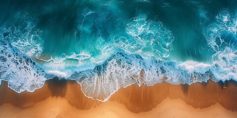 Obraz premium Dramatic Aerial Photograph of Waves Crashing Against the Beach. Turquoise Waters and Golden Sand, Travel Concept Background.