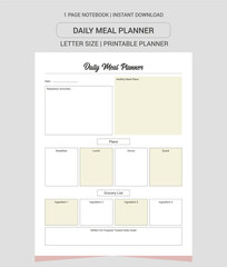 Daily Meal Planner Notes | Daily Meal Planner Notebook |Daily Meal Planner Workbook | Daily Meal Planner Log Book | Notebook Printable Planner | Letter Size