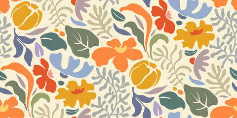 Vector summer seamless pattern with natural elements, flowers, leaves in modern trendy style.