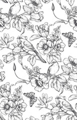 Beautiful hand drawn vector seamless pattern with black and white garden flowers birds, butterflies. Endless background with spring garden plants