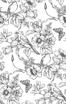 Beautiful hand drawn vector seamless pattern with black and white garden flowers birds, butterflies. Endless background with spring garden plants