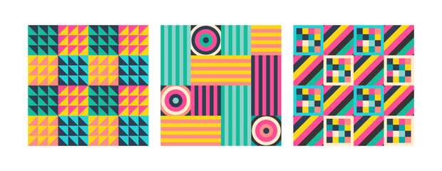 Set of three vector summer seamless patterns assembled from squares with geometric ornaments. Vector endless backgrounds in modern style