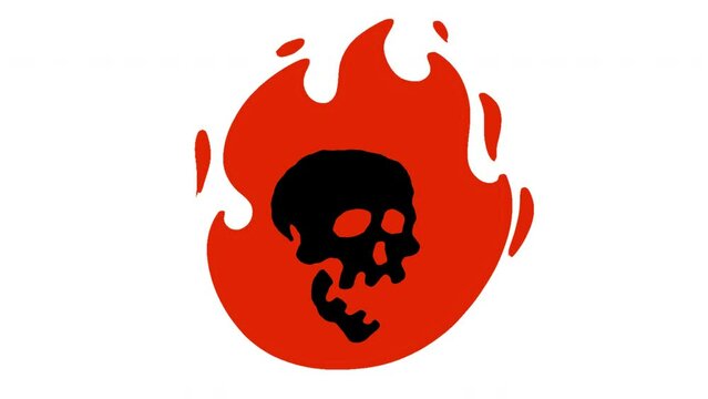 Burning human skull with fire flames in cartoon doodle style. Simple 2d animation isolated on white background.