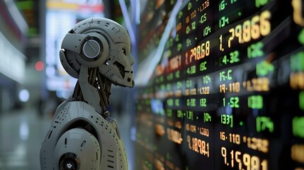 Futuristic robot analyzing stock market data on screens. AI in finance, trading technology. Investment assistance AI.
