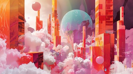 journey through imaginative dimensions of the city, featuring a vibrant red balloon and a striking red building