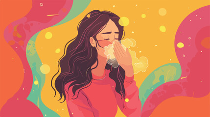 Coughing young woman on color background Vector style