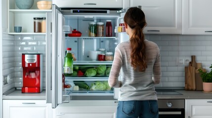 Woman pondering food choices in a modern kitchen with open fridge, healthy lifestyle concept. Every day domestic scene. AI