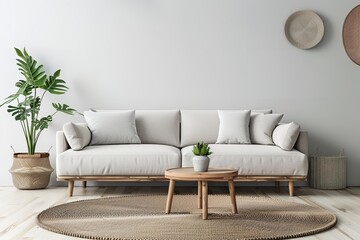 Cozy loveseat sofa close to circular accent coffee table. Generative Ai