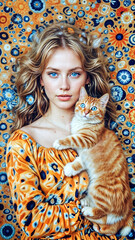  A Painting of Prismatic Harmony: Woman and Cat Bathed in Color