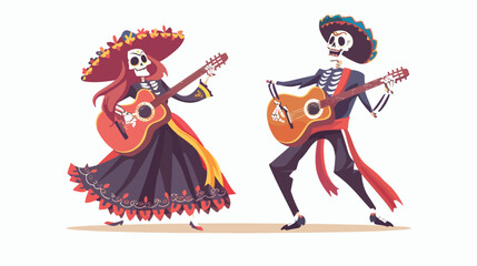 Couple of Mexican skeletons dance and play guitar mus
