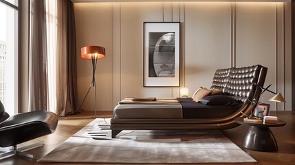 A bedroom with a sophisticated, leather-wrapped bed frame, a modern art print, and a designer table lamp