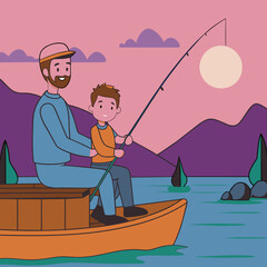 Happy father's day illustration father fishing with his son at sunset timing scene