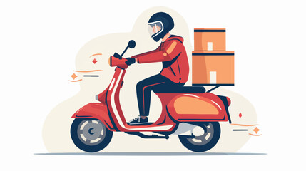 Courier in helmet driving moped with delivery box.