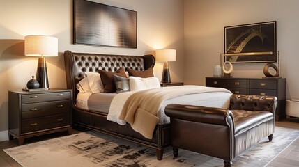 A bedroom with a sophisticated, leather-upholstered bed, a sleek dresser, and a contemporary table lamp