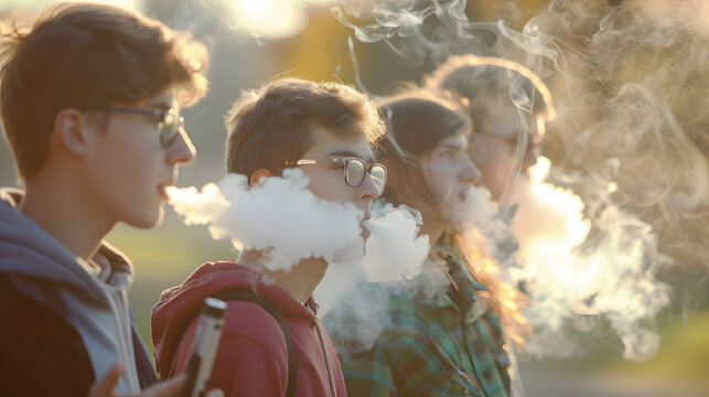 group of young teenagers smoke electronic cigarettes outdoors. The vaper releases smoke from his mouth. Bad habit