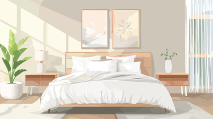 Cozy bed with white blanket and pillows in bedroom Vector