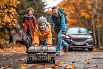 Playful family moment on an autumn road, young boy rides suitcase, parents smile behind, fall travel joy
