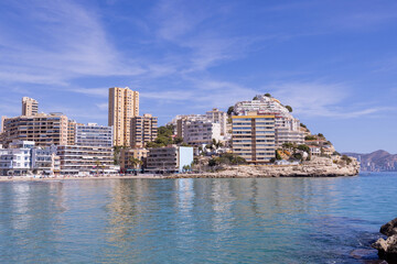 Photo of the town of Benidorm in Spain in the summer time showing the beach known locally as Playa...