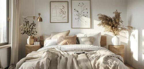 Scandinavian loft bedroom with a blend of contemporary and vintage elements, soft textures, and muted colors.