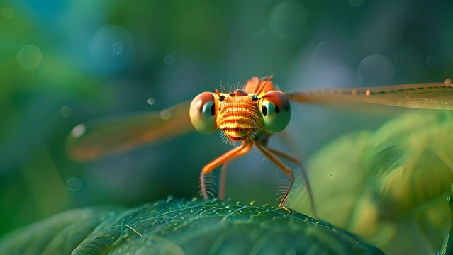 Video of a dragonfly on a leaf Natural background and close-up video of a dragonfly with big eyes.