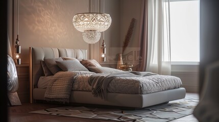 A bedroom with a stunning, crystal pendant light, a contemporary bed frame, and a plush, patterned throw