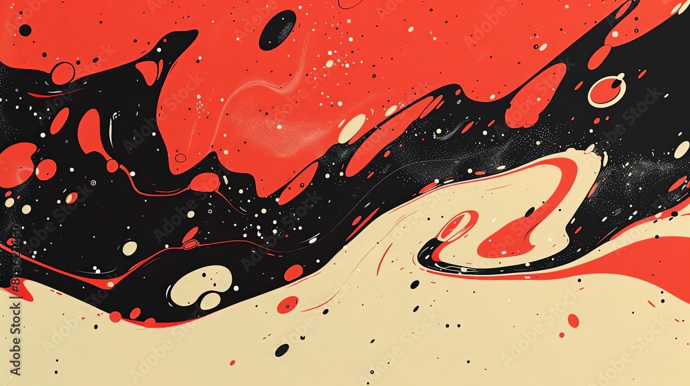 Poster negative space challenge in abstraction with a red and black paint splatter
