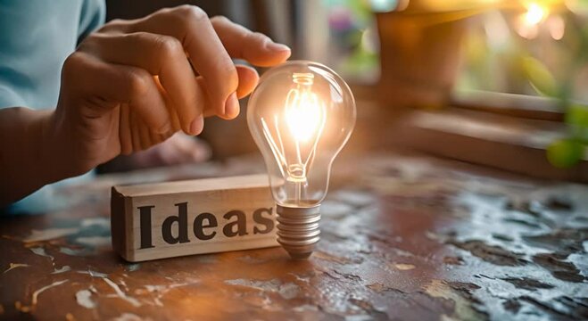 hand touching on light bulb on wood block with Word "Ideas", new idea concept with innovation and inspiration, innovative technology in science and communication concept