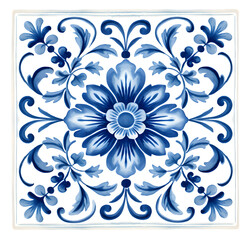 Rustic blue tile watercolor seamless pattern. Pattern of azulejos tiles