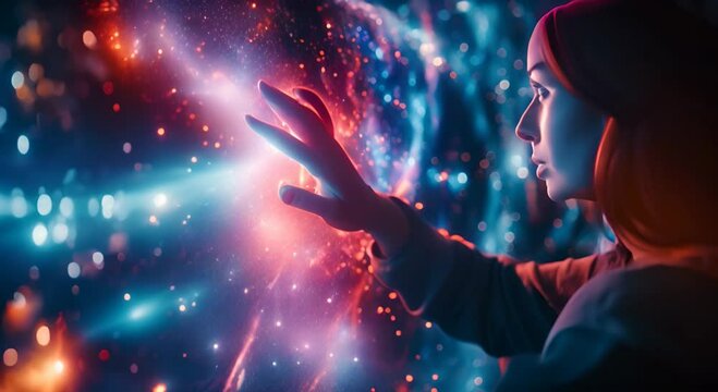 Woman hand touching The metaverse universe,Digital transformation conceptual for next generation technology era