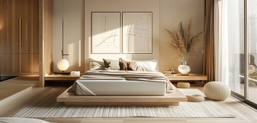 Scandinavian loft bedroom with a low-profile bed, light wood accents, and a harmonious blend of soft colors and textures.