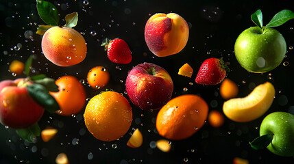 Refreshing fruit splash: fresh fruits submerged in water on black background