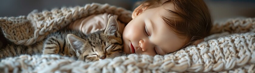 A child and a kitten sleeping together under a blanket.