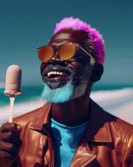 Close up portrait of smiling black man with purple hair and blue beard enjoying eating ice cream on summer beach outside.