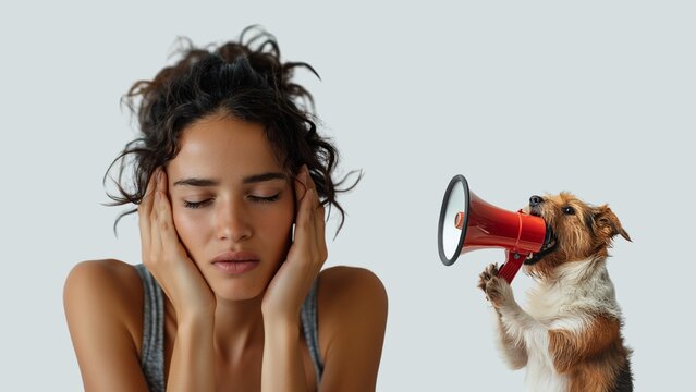 Stressed woman covering ears while small dog barks into megaphone, a humorous yet relatable depiction of noise disturbance in daily life - AI generated
