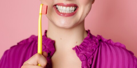 Close-up of a woman's snow-white smile. Next to it is a toothbrush in a woman's hand. panoramic banner.