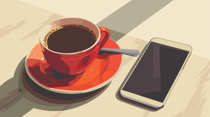 Cup of hot coffee and mobile phone on table Vector style
