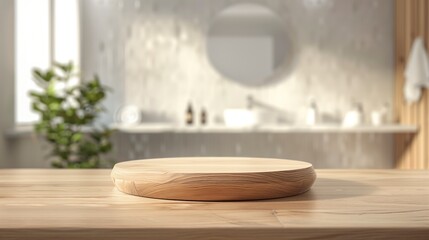 Wooden podium for bathing and spa products in defocused bathroom, Round wooden podium for product display on blurred bathroom background, generative ai