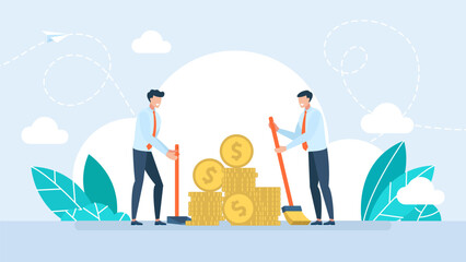 Two businessmen sweep up money. Concept of wealth, shovel money, target, profitable business, profit. Tiny people, coins, a broom, a scoop. Business and Finance. Flat style. Vector illustration