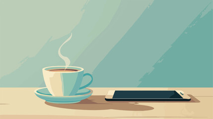 Cup of hot coffee and mobile phone on table Vector styl