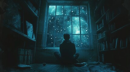 The boy sits by the window, looking out at the world. He is lost in thought, wondering what the future holds. He is a dreamer, always looking for new adventures.