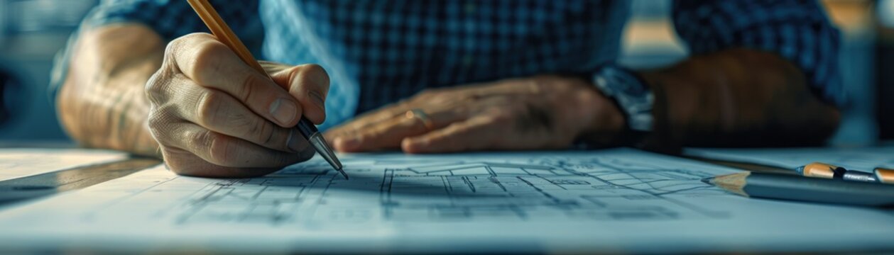 The architect is using a compass to draw a circle on the blueprint.
