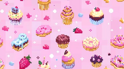 Pixel art seamless pattern of donuts, cakes, and cupcakes.