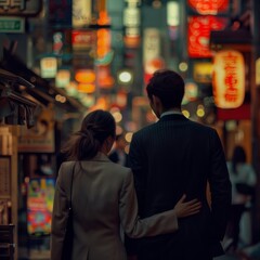 中良さそうに繁華街を歩くスーツ姿の男女
